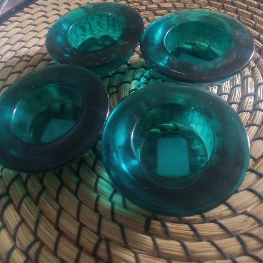 CRATE & BARREL Teal Glass  Votive Candle Holders (4)